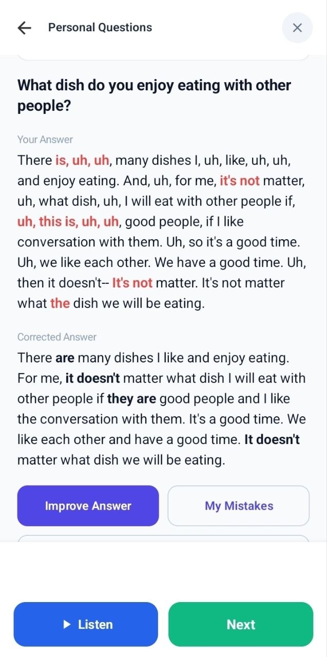 Our Power English App explains mistakes in a spoken answer