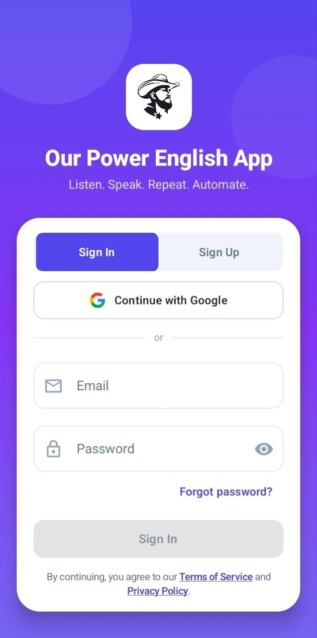 Current Our Power English App sign-in and sign-up screen